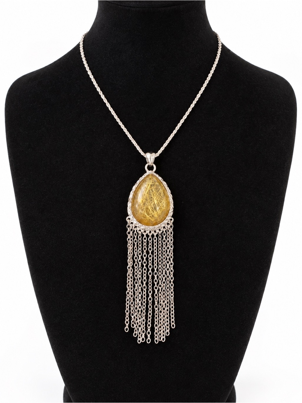 Vintage Silver Tassel Necklace with Yellow Teardrop Pendant